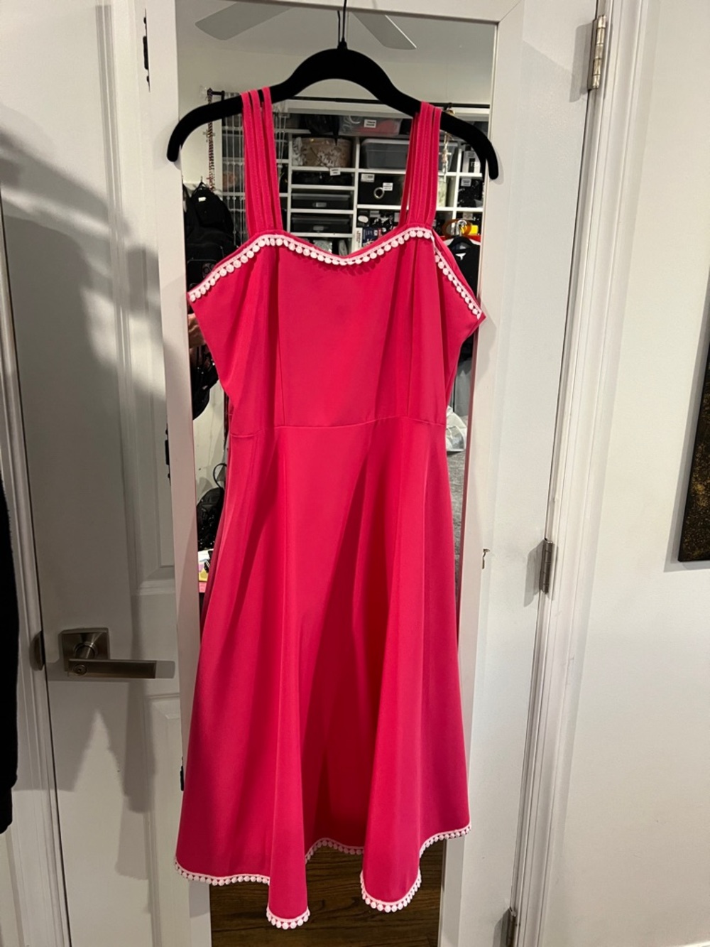 Pink Cami Spaghetti Strap 50’s Style Mudi Pom-Pom Trim Dress